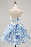 White Blue Flower A-Line Strapless Sequins Printed Cocktail Dress