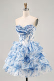 White Blue Flower A-Line Strapless Sequins Printed Cocktail Dress