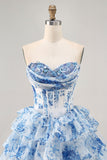White Blue Flower A-Line Strapless Sequins Printed Cocktail Dress