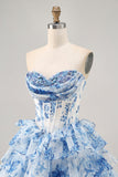 White Blue Flower A-Line Strapless Sequins Printed Cocktail Dress
