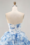 White Blue Flower A-Line Strapless Sequins Printed Cocktail Dress