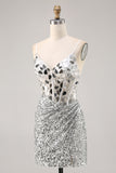Corset Silver V Neck Bodycon Mirror Homecoming Dress