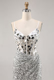 Corset Silver V Neck Bodycon Mirror Homecoming Dress