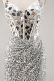Corset Silver V Neck Bodycon Mirror Homecoming Dress