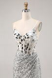 Corset Silver V Neck Bodycon Mirror Homecoming Dress