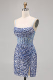 Corset Grey Blue Bodycon Sequin Homecoming Dress