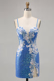 Sparkly Floral Blue Bodycon Sequin Homecoming Dress