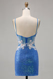 Sparkly Floral Blue Bodycon Sequin Homecoming Dress