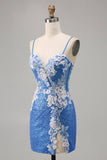 Sparkly Floral Blue Bodycon Sequin Homecoming Dress