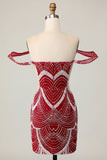 Off the Shoulder Bodycon Red Homecoming Dress with Sequins