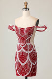 Off the Shoulder Bodycon Red Homecoming Dress with Sequins