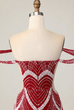 Off the Shoulder Bodycon Red Homecoming Dress with Sequins
