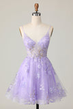 Purple A Line Tulle Homecoming Dress with Appliques