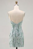 Green Bodycon Spaghetti Straps Beaded Short Ball Dress with Sequins