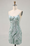 Green Bodycon Spaghetti Straps Beaded Short Ball Dress with Sequins