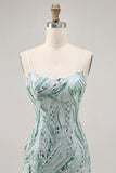 Green Bodycon Spaghetti Straps Beaded Short Ball Dress with Sequins