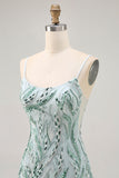 Green Bodycon Spaghetti Straps Beaded Short Ball Dress with Sequins