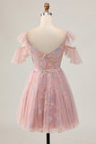 Blush A-Line Cold Shoulder Floral Short Cocktail Dress with Appliques