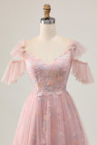 Blush A-Line Cold Shoulder Floral Short Cocktail Dress with Appliques