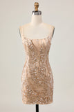 Sparkly Champagne Sequins Bodycon Cocktail Dress with Beading