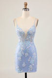 Light Blue Bodycon Floral Sequin Cocktail Dress with Appliques