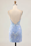 Light Blue Bodycon Floral Sequin Cocktail Dress with Appliques