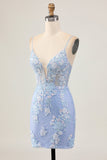 Light Blue Bodycon Floral Sequin Cocktail Dress with Appliques