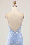 Light Blue Bodycon Floral Sequin Cocktail Dress with Appliques