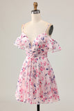 Pink Floral A Line Cold Shoulder Short Cocktail Dress