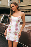 Sequins Floral Strapless Bodycon White Short Ball Dress