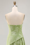 Floral Strapless Printed Sage Green Bridesmaid Dress with Slit