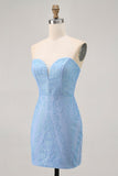 Blue Bodycon Strapless Beaded Short Homecoming Dress
