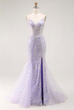 Mermaid Sequin Purple Long Prom Dress with Slit