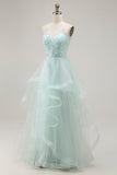 A Line Light Green Appliqued Tulle Long Prom Dress