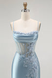 Grey Blue Mermaid Beaded Appliqued Corset Long Prom Dress with Slit