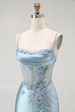 Grey Blue Mermaid Beaded Appliqued Corset Long Prom Dress with Slit