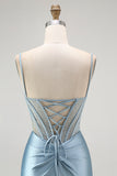 Grey Blue Mermaid Beaded Appliqued Corset Long Prom Dress with Slit