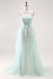 Sparkly Light Green A-Line Halter Sequins Corset Long Prom Dress with Beading