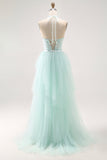 Sparkly Light Green A-Line Halter Sequins Corset Long Prom Dress with Beading