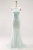 Sparkly Light Green A-Line Halter Sequins Corset Long Prom Dress with Beading
