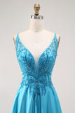 A Line Beaded Long Blue Prom Dress With Appliques
