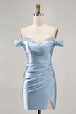 Grey Blue Off The Shoulder Ruched Bodycon Cocktail Dress