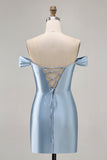 Grey Blue Off The Shoulder Ruched Bodycon Cocktail Dress