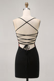Black Bodycon Spaghetti Straps Short Homecoming Dress with Beading