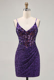 Sparkly Dark Purple Corset Short Ball Dress with Sequins