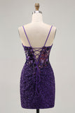 Sparkly Dark Purple Corset Short Ball Dress with Sequins