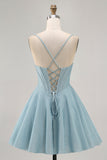 Grey Blue Corset A Line Short Cocktail Dress