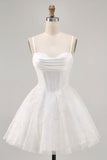 White A-Line Corset Satin Cocktail Dress with Appliques