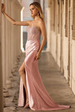 Blush Mermaid Sheer Corset Beaded Strapless Long Prom Dress With Slit