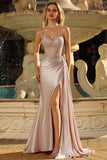 Champagne Mermaid Sheer Corset Beaded Side Streamer Long Prom Dress with Slit